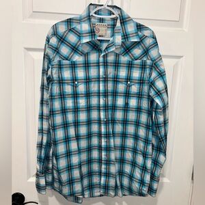 Roper Mens Blue‎ Plaid Long Sleeve Pearl Snap Shirt Size Medium
